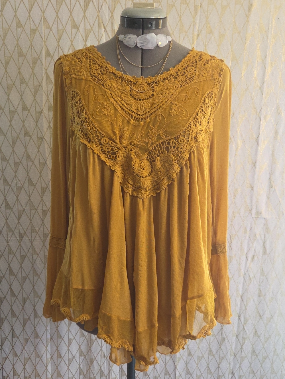 Ultra Pink Mustard Crochet Yoke Long Sleeve Tunic